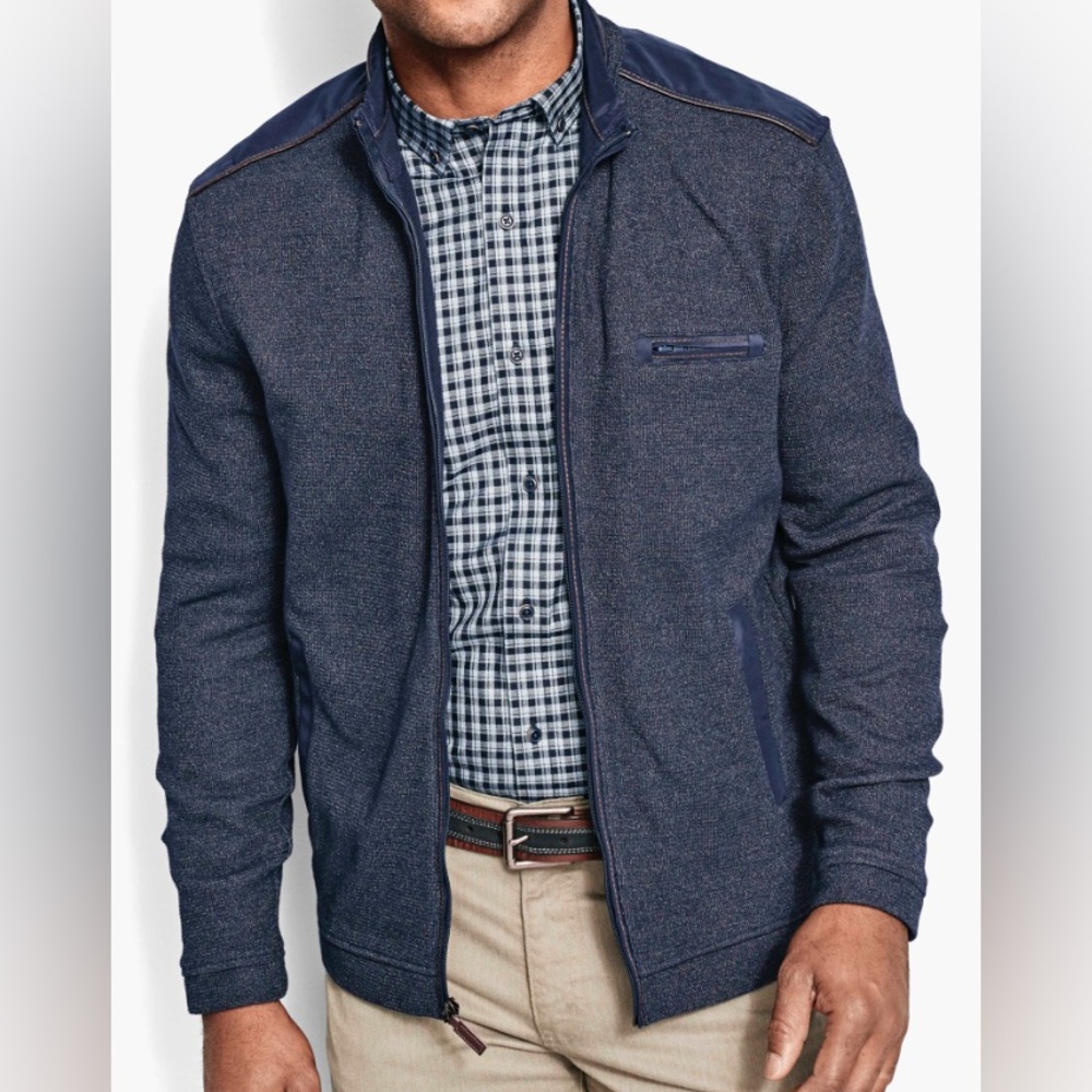 Blue Zip Up Sweater with Standing Collar and Textured Fabric